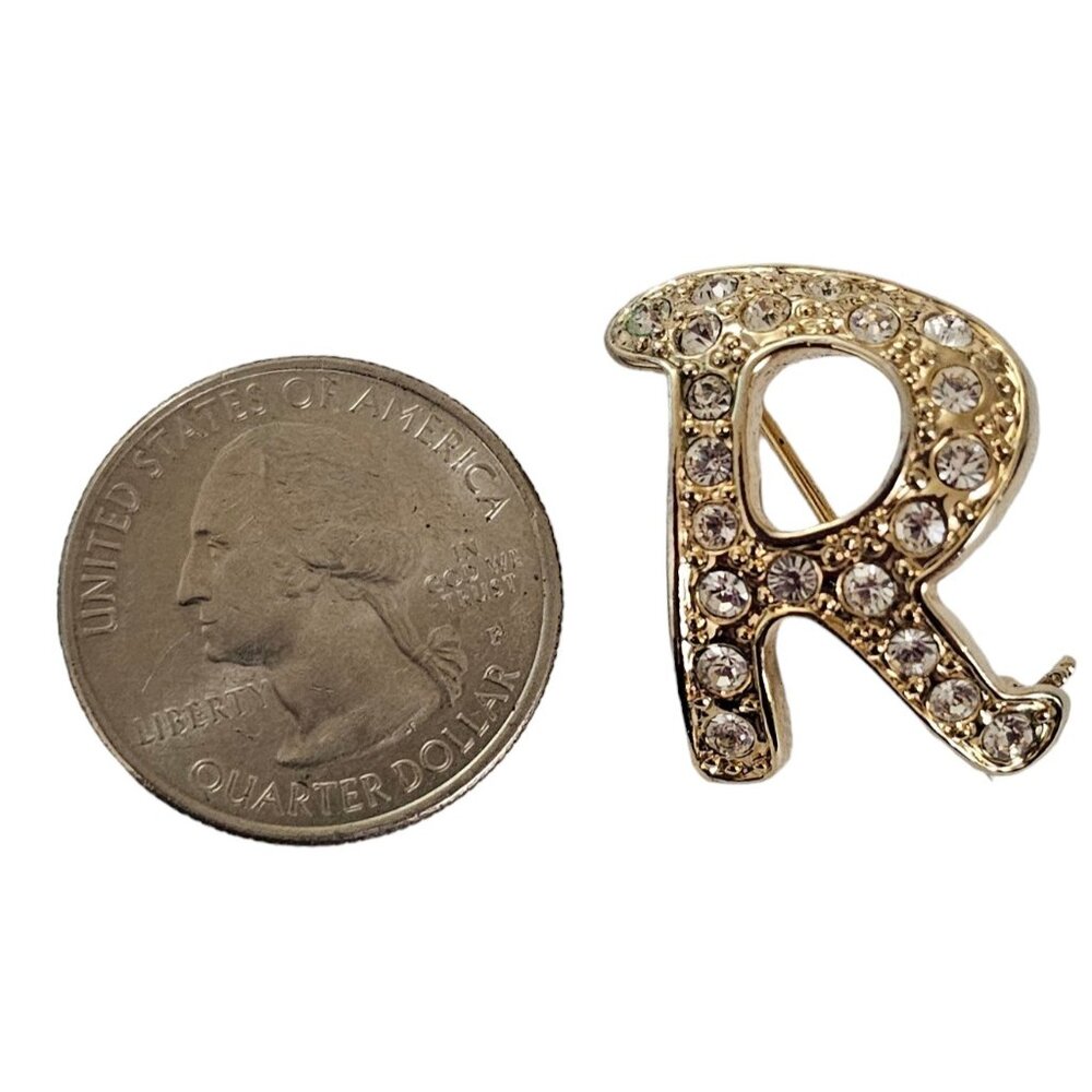 Gold Tone Clear Rhinestone Letter R Brooch Pin L141 - Picture 6 of 8